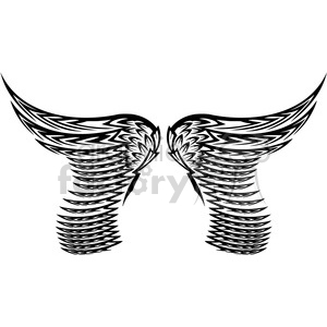 Clipart illustration of a pair of stylized black and white angel wings with intricate patterns.