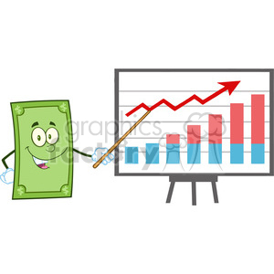 The clipart image shows a smiling cartoon character of a dollar bill holding a pointer while presenting a progressive chart. This image likely represents concepts related to financial investing, profit, and currency.
