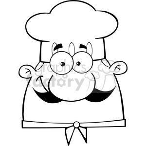   This is a clipart image featuring a cartoon chef. The chef has a large mustache, wide eyes, and is wearing a chef