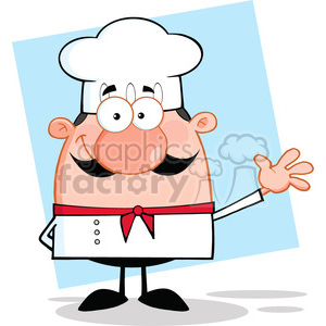   This image features a cartoon character of a chef. The chef has a big, friendly smile, with rosy cheeks, a large mustache, and is wearing a traditional white chef