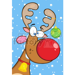 A cartoon reindeer with a large red nose against a snowy background, featuring antlers adorned with a green Christmas ornament.