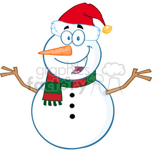 Clipart image of a cheerful Christmas snowman wearing a red Santa hat and a red and green scarf, with stick arms and a carrot nose.