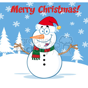 Royalty Free RF Clipart Illustration Happy Snowman Cartoon Mascot Character With Open Arms Under Merry Christmas Text