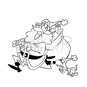 A humorous clipart image depicting Santa Claus being chased by a small, angry dog. Santa looks surprised, running while holding onto his sack of gifts.