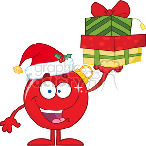 A cheerful red Christmas ornament character wearing a Santa hat and holding a festive gift box.