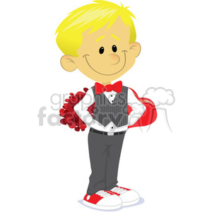 A cheerful comic character in a suit and red bow tie holding a bunch of roses, suggesting a romantic theme.