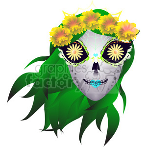   Day of the Dead skull illustration with green hair 