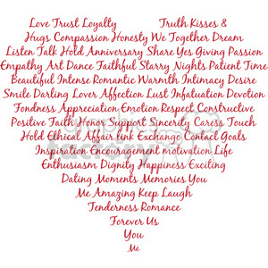   The clipart image shows a heart shape made up of various love-related words written in different fonts and sizes. The words inside the heart include "love", "romance", "passion", "forever", "devotion", and others. This image represents the idea of love, relationships, and emotional connection expressed through typography.
 