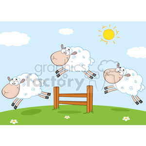   The clipart image depicts three cartoon sheep with exaggerated expressions jumping over a brown fence. The scene is set against a blue sky with a few clouds and a yellow sun shining brightly. The ground is green, suggesting it’s a grassy field, and there
