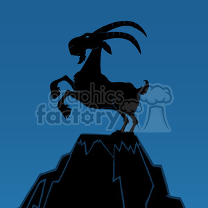   Royalty Free RF Clipart Illustration Black Ram Monochrome On Top Of A Mountain Peak On Blue Background 