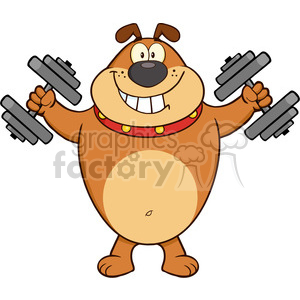 The clipart image depicts a cartoon dog standing upright with a big smile, holding dumbbells in both hands. The dog appears to be very happy and probably engaging in some physical exercise or weightlifting. The dog has a brown fur coat, large eyes, and a red collar with yellow spots.