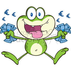 The image features a cartoon-style illustration of a green frog with an exaggeratedly joyful expression, holding a wad of cash in each hand. There are also currency symbols (specifically, the Euro symbol €) floating around its head, suggesting that the frog is very pleased with its financial situation. This image could be interpreted as a humorous take on wealth, finances, or greed.