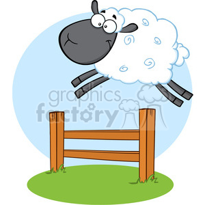 The clipart image features a humorous depiction of a sheep jumping over a wooden fence. The sheep has a fluffy white body with swirl patterns, a dark face, and large, wide open eyes, suggesting surprise or excitement. Its legs are illustrated in mid-jump above the brown fence, which is placed on a green ground with a hint of grass at the base. Behind the sheep is a light blue backdrop, representing the sky.