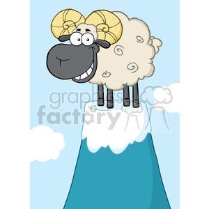 The clipart image features a funny cartoon sheep with a large, exaggerated grin and big, round eyes. The sheep has curly wool, four black legs, and cartoonish large, spiraled horns protruding from its head. It is standing on top of a snow-capped mountain peak with a blue sky and fluffy white clouds in the background.