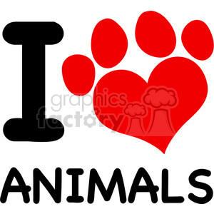 Clipart image featuring the text 'I Love Animals' with the 'love' represented by a red paw print in the shape of a heart.