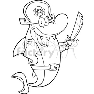 This clipart image features a cartoonish depiction of a shark dressed as a pirate. The shark is standing upright and is adorned with a classic pirate hat featuring a skull and crossbones, a belt with a buckle, and holds a sword in one of the fins. The shark has a wide, friendly smile, showcasing its teeth.
