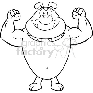 Royalty Free RF Clipart Illustration Black And White Smiling Bulldog Cartoon Mascot Character Showing Muscle Arms