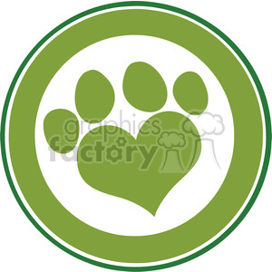 The image shows a stylized paw print that integrates a heart shape within its design. It is enclosed in a circular border with two shades of green.