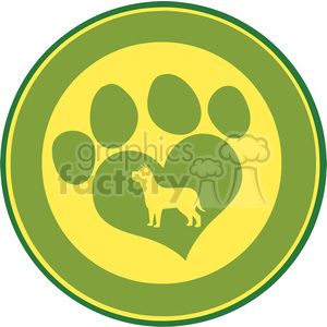 The clipart image shows a stylized circular design featuring a large paw print with a heart-shaped area in the center. Inside the heart, there is a silhouette of a standing dog. The colors used are shades of green and yellow, creating a friendly and vibrant appearance. 