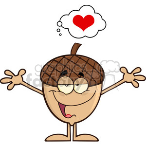   Royalty Free RF Clipart Illustration Funny Acorn Cartoon Mascot Character With Open Arms For Hugging And Speech Bubble With Heart 