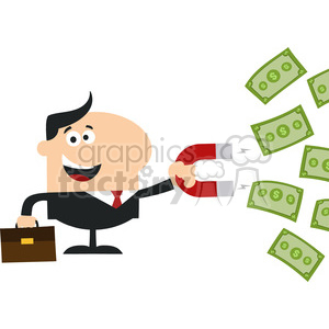 A cheerful cartoon businessman holding a magnet attracting money. The businessman is dressed in a suit and holds a briefcase in one hand while the other hand is holding the magnet, which is drawing in bills with dollar signs.