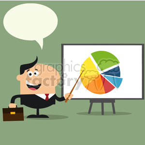   8352 Royalty Free RF Clipart Illustration Happy Manager Pointing Progressive Pie Chart On A Board Flat Style Vector Illustration With Speech Bubble 