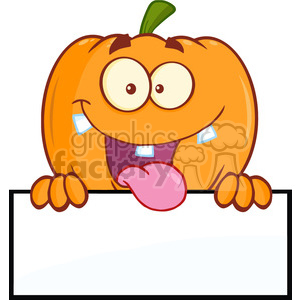 Royalty Free RF Clipart Illustration Goofy Halloween Pumpkin Cartoon Mascot Character Over A Blank Sign