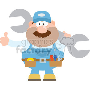 8548 Royalty Free RF Clipart Illustration Mechanic Cartoon Character Holding Huge Wrench And Giving A Thumb Up Flat Syle Vector Illustration Isolated On White