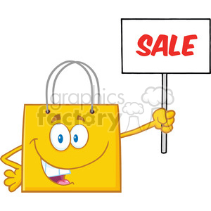 8760 Royalty Free RF Clipart Illustration Yellow Shopping Bag Cartoon Character Holding Up A Blank Sign With Text Vector Illustration Isolated On White