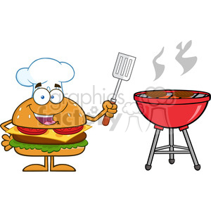 8571 Royalty Free RF Clipart Illustration Chef Hamburger Cartoon Character Holding A Slotted Spatula By A Barbeque Vector Illustration Isolated On White