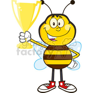 8378 Royalty Free RF Clipart Illustration Bee Cartoon Mascot Character Holding A Golden Trophy Vector Illustration Isolated On White