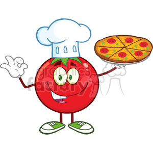 8393 Royalty Free RF Clipart Illustration Tomato Chef Cartoon Mascot Character Holding A Pizza Vector Illustration Isolated On White