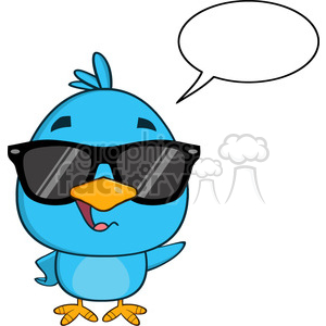   8824 Royalty Free RF Clipart Illustration Cute Blue Bird With Sunglasses Cartoon Character Waving With Speech Bubble Vector Illustration Isolated On White 