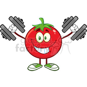 8387 Royalty Free RF Clipart Illustration Smiling Tomato Cartoon Mascot Character Training With Dumbbells Vector Illustration Isolated On White