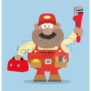 8542 Royalty Free RF Clipart Illustration African American Mechanic Cartoon Character With Wrench And Tool Box Flat Style Vector Illustration With Background