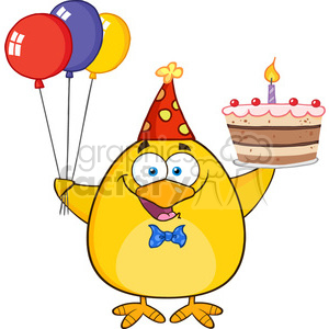 8618 Royalty Free RF Clipart Illustration Cute Yellow Chick Holding Up A Colorful Balloons And Birthday Cake Vector Illustration Isolated On White
