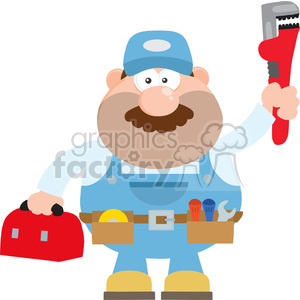 8539 Royalty Free RF Clipart Illustration Mechanic Cartoon Character With Wrench And Tool Box Flat Style Vector Illustration Isolated On White
