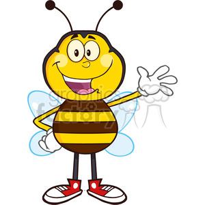 8373 Royalty Free RF Clipart Illustration Happy Bee Cartoon Mascot Character Waving Vector Illustration Isolated On White