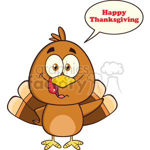 Cartoon turkey with wings spread and a speech bubble saying 'Happy Thanksgiving'.