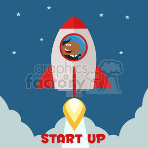 8336 Royalty Free RF Clipart Illustration African American Manager Launching A Rocket To The Sky And Giving Thumb Up Flat Style Vector Illustration