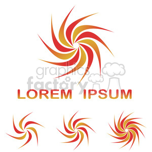 A vibrant clipart image featuring a spiral design composed of red and yellow swirls, accompanied by the text 'Lorem Ipsum' in gradient shades of red and yellow. The image also includes three smaller versions of the same spiral design.