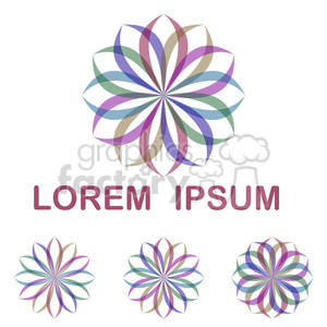 A clipart image featuring a colorful, symmetrical, overlapping petal-like pattern above the placeholder text 'Lorem Ipsum'. Three smaller versions of the same pattern are displayed below.