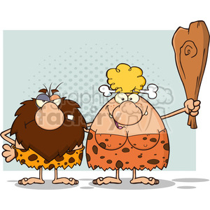 caveman couple cartoon mascot characters with woman holding a club vector illustration