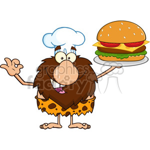 A cartoon caveman wearing a chef's hat, holding a large burger on a platter, with a humorous expression.