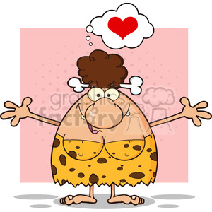 A humorous cartoon depicting a cavewoman with a bone in her hair, wearing a spotted dress, and showing a thought bubble with a red heart.