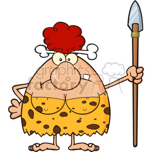 angry red hair cave woman cartoon mascot character standing with a spear vector illustration