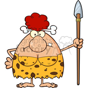 Cartoon illustration of a humorous cavewoman holding a spear, dressed in a leopard-print outfit with a bone in her hair.