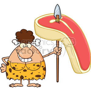 A cartoon of a cavewoman with a large piece of steak on a spear, dressed in a leopard print outfit.