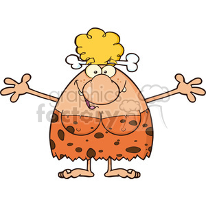 A cartoon illustration of a humorous cavewoman with a big nose, wearing animal print clothing and a bone in her hair.