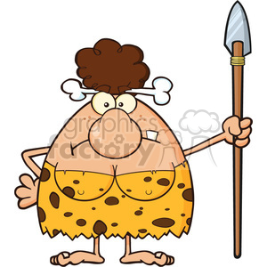 A funny cartoon depiction of a cavewoman holding a spear, featuring exaggerated features and a leopard-print outfit.